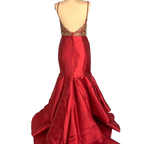 Elegant Beaded Red Satin Mermaid Larissa Gown Spaghetti Straps Flared Hem Size 6 - Picture 9 of 15